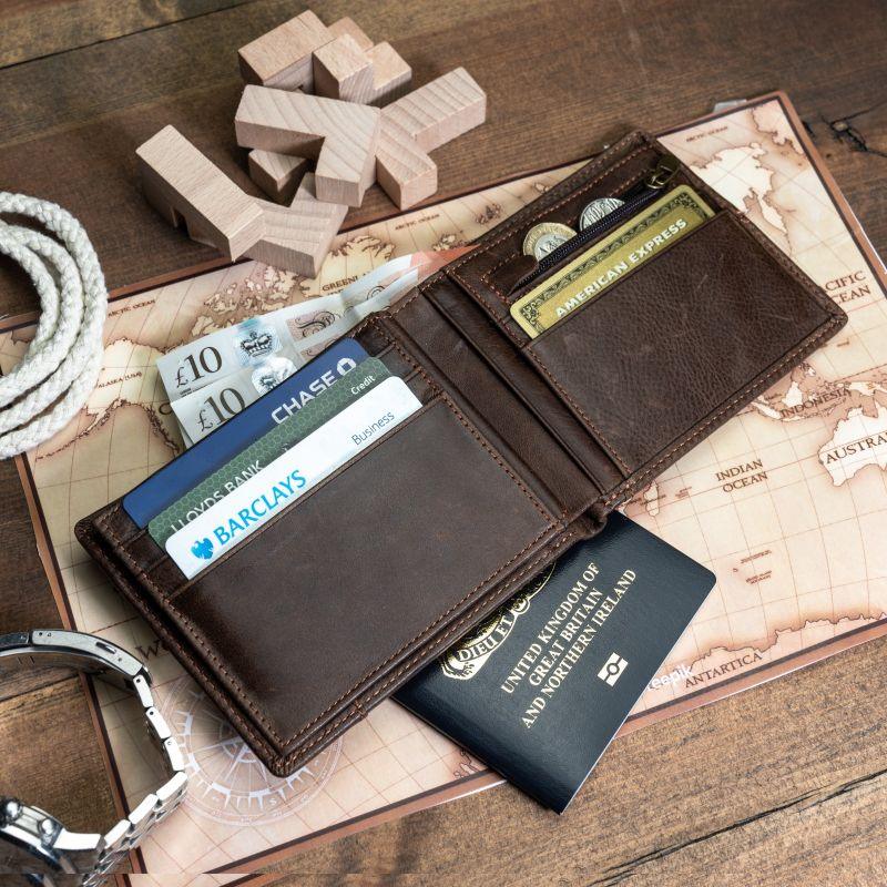 Brown Leather Mens Wallet with Coin Pocket, open with cards and notes