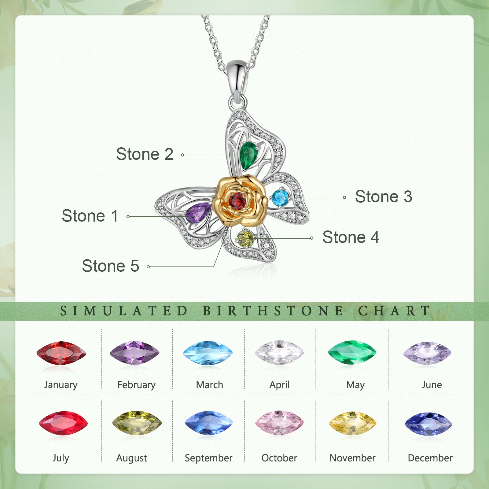 image of all birthstones and Personalised 925 Sterling Silver Butterfly Birthstone Necklace details