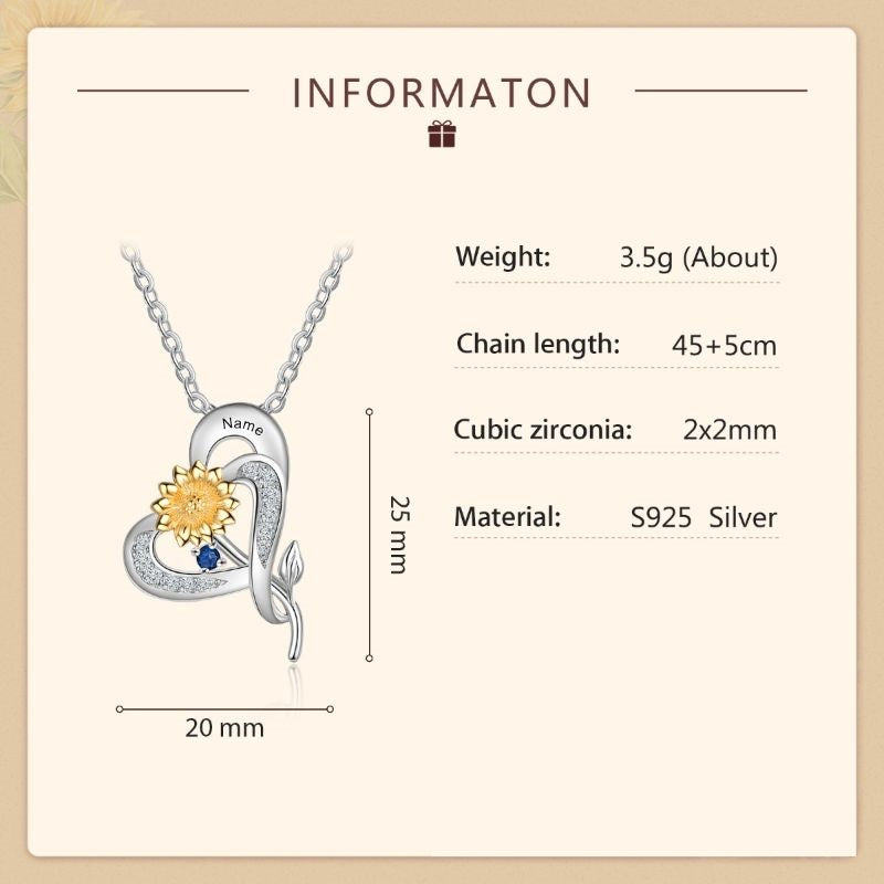 Personalised S925 Sterling Silver Sunflower Heart Birthstone Necklace Personalised S925 Sterling Silver Sunflower Heart Birthstone Necklace