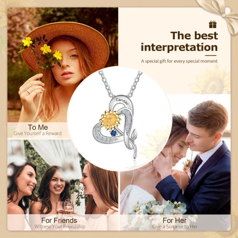 Personalised S925 Sterling Silver Sunflower Heart Birthstone Necklace photo collage having couple and her friends with Personalised S925 Sterling Silver Sunflower Heart Birthstone Necklace