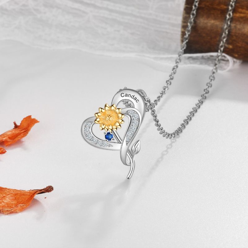 Personalised S925 Sterling Silver Sunflower Heart Birthstone Necklace Personalised S925 Sterling Silver Sunflower Heart Birthstone Necklace