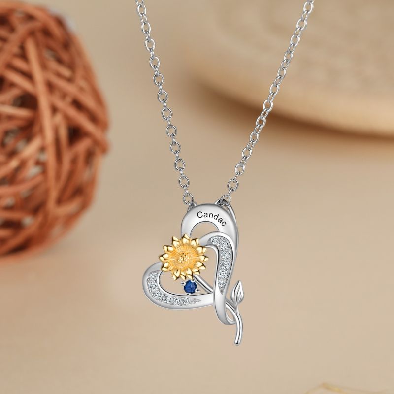 Personalised S925 Sterling Silver Sunflower Heart Birthstone Necklace Personalised S925 Sterling Silver Sunflower Heart Birthstone Necklace