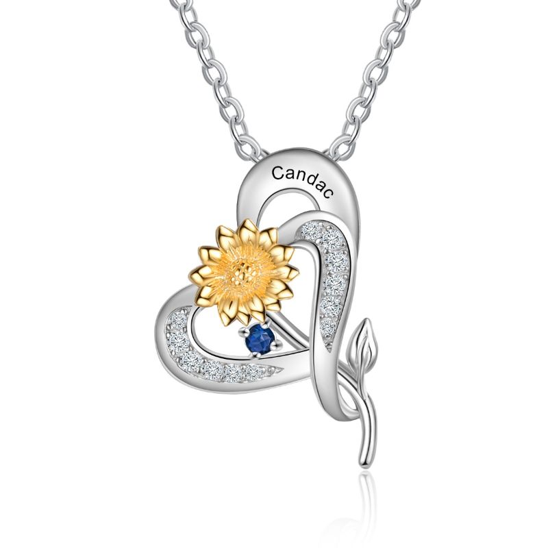 Personalised S925 Sterling Silver Sunflower Heart Birthstone Necklace Personalised S925 Sterling Silver Sunflower Heart Birthstone Necklace