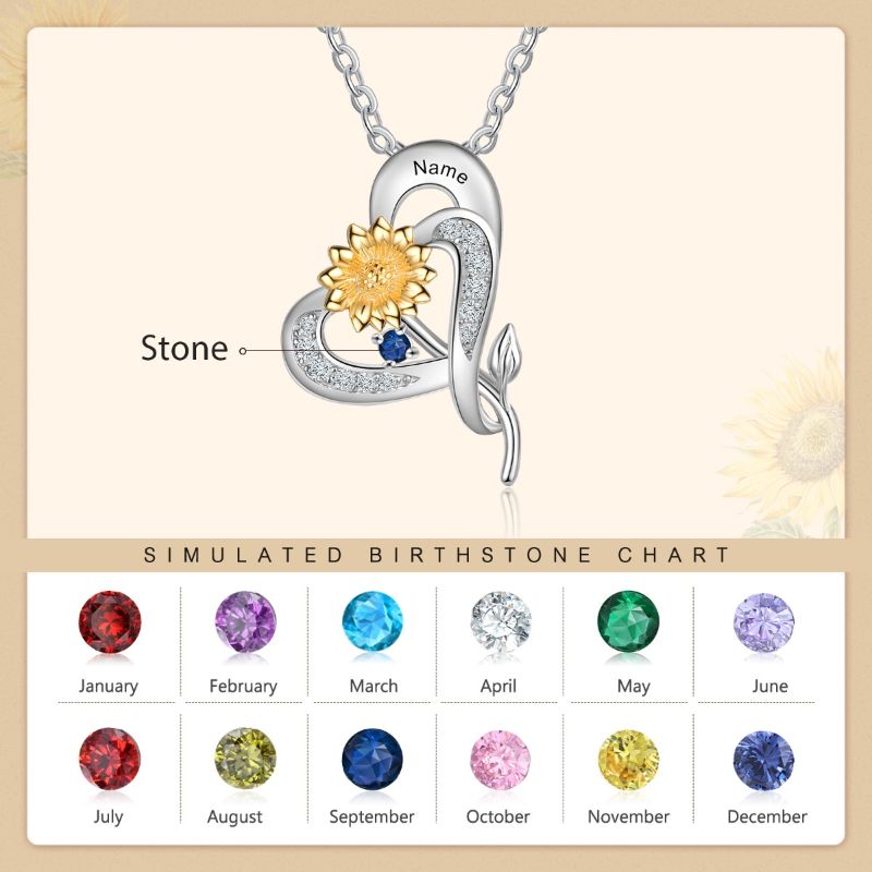 Personalised S925 Sterling Silver Sunflower Heart Birthstone Necklace Personalised S925 Sterling Silver Sunflower Heart Birthstone Necklace
