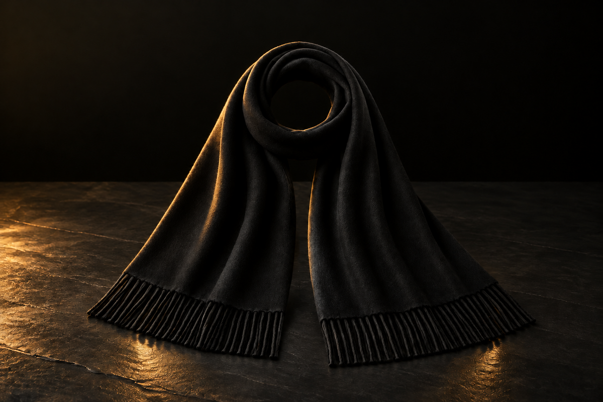 Black pashmina wedding shawl by LIVLOKO in warm gold light