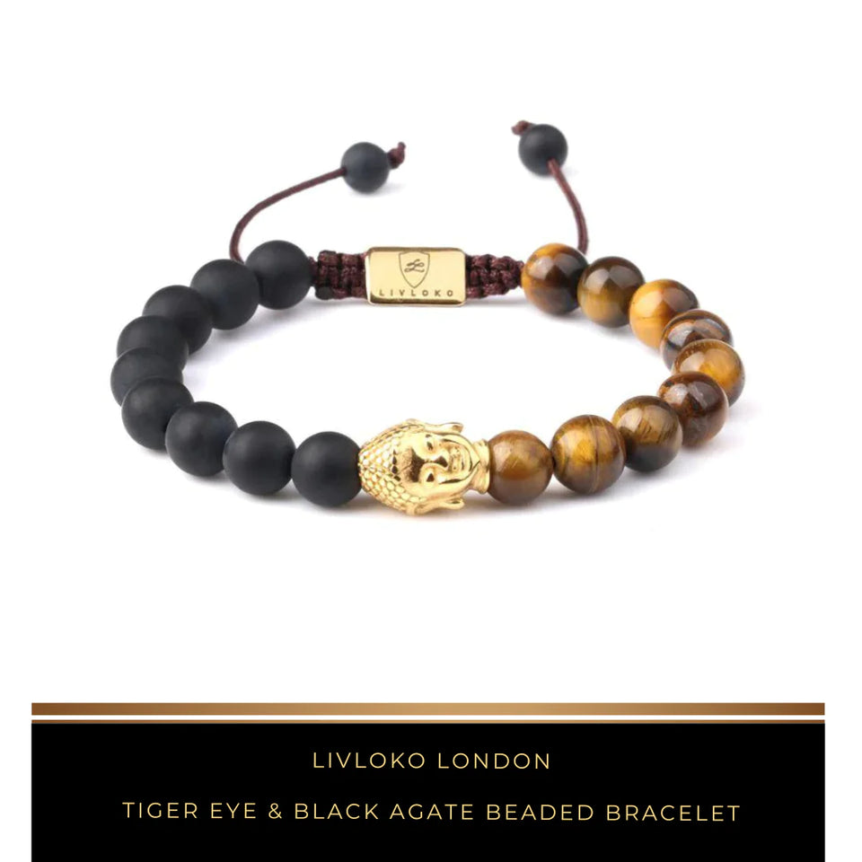 Tiger Eye & Black Agate Beaded Bracelet - Livloko London