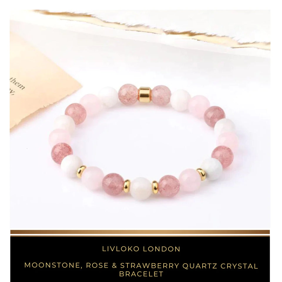 Moonstone, Rose & Strawberry Quartz Crystal Bracelet - Livloko London