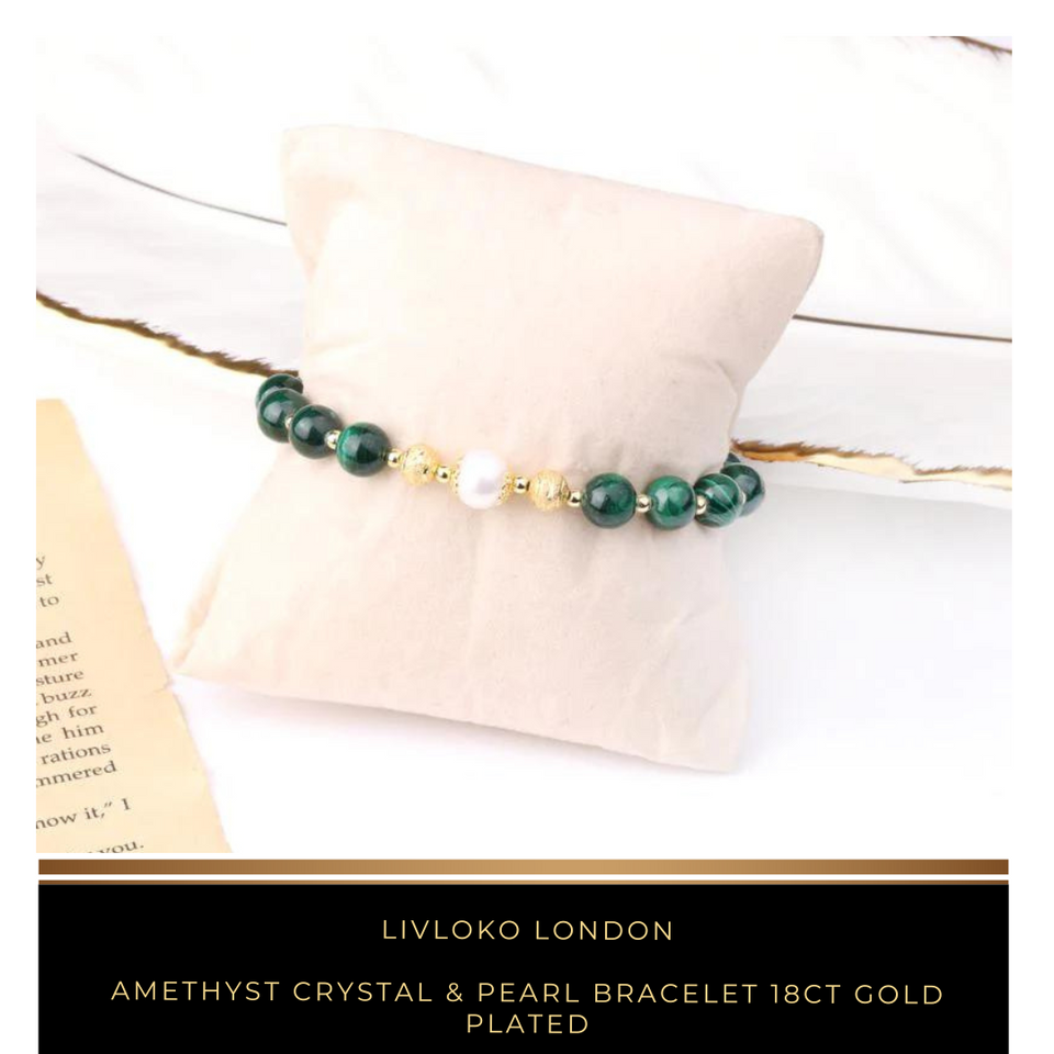Amethyst Crystal & Pearl Bracelet 18ct Gold Plated - Livloko London