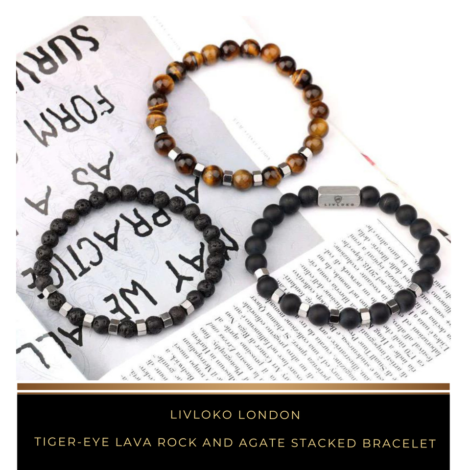 Tiger-eye Lava Rock and Agate Stacked Bracelet - Livloko London