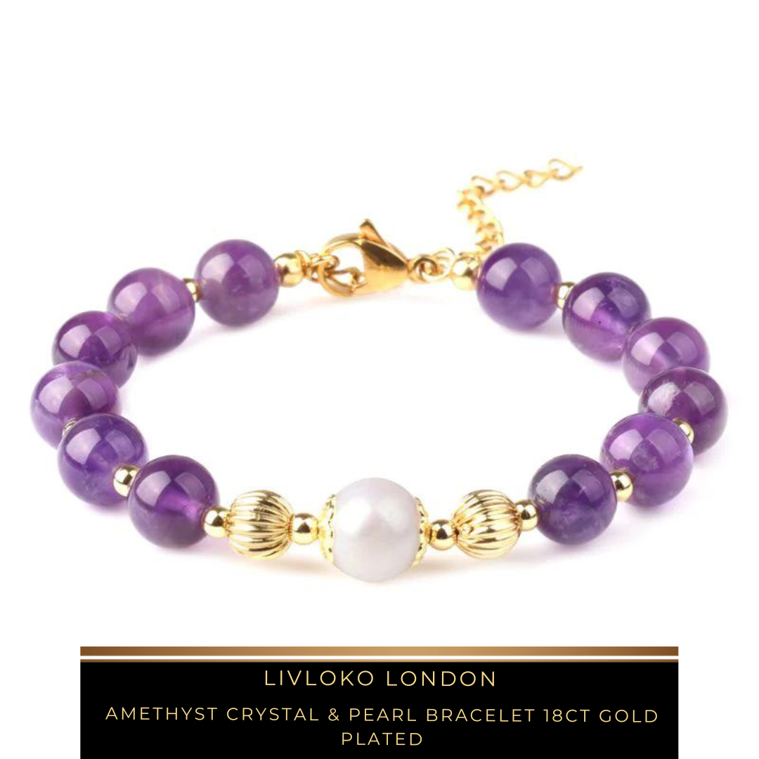 Amethyst Crystal & Pearl Bracelet 18ct Gold Plated - Livloko London