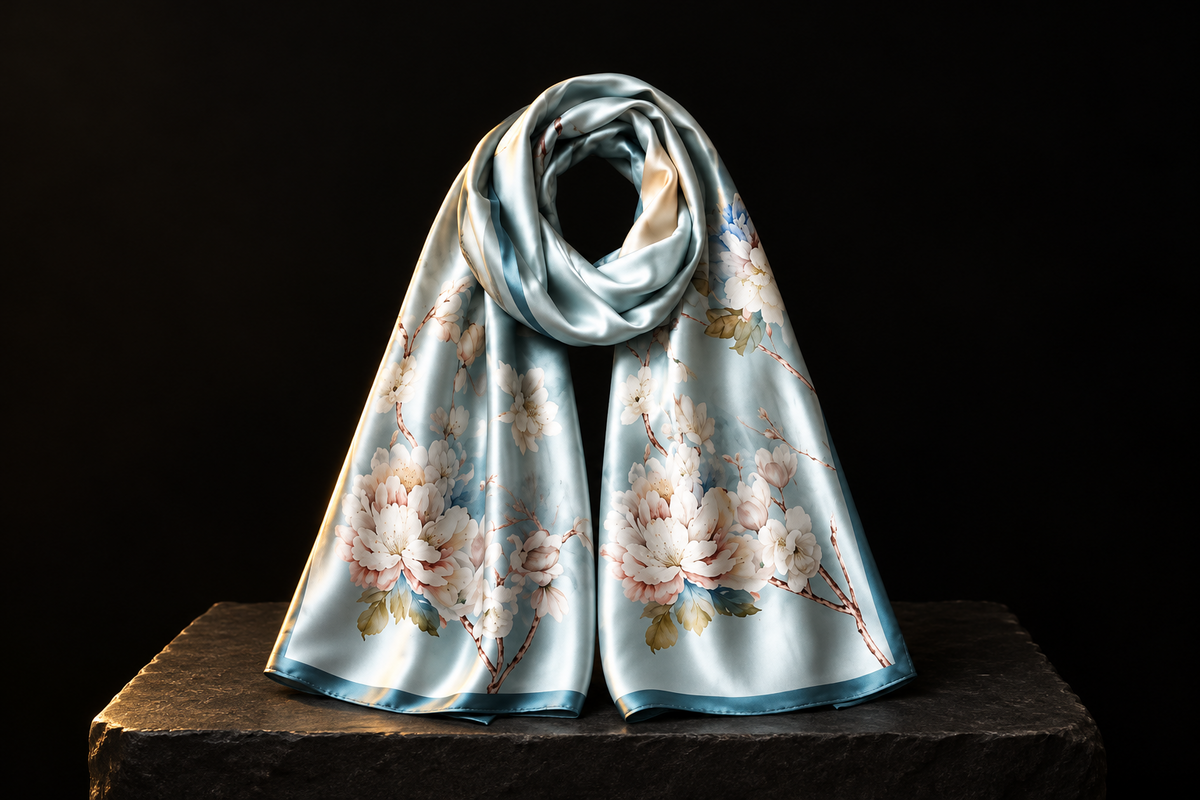 Light blue floral silk head scarf by LIVLOKO on black slate