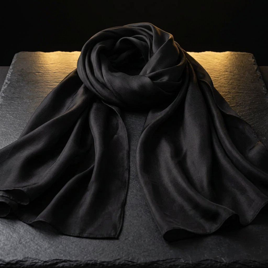 Plain black satin scarf, 180 x 70 cm, laid flat showing its smooth sheen, by Livloko London