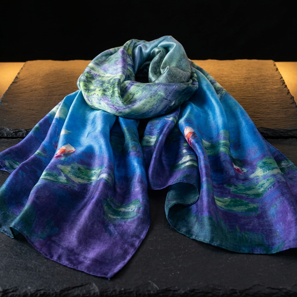 Blue and green printed satin scarf for wearing a scarf around your neck, by Livloko London