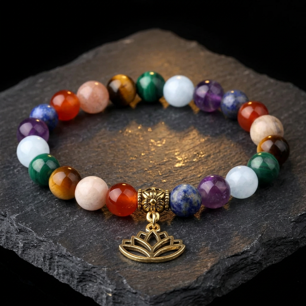 Chakra stones bracelet with lotus charm, a 7 chakra lapis lazuli bracelet style, by Livloko London