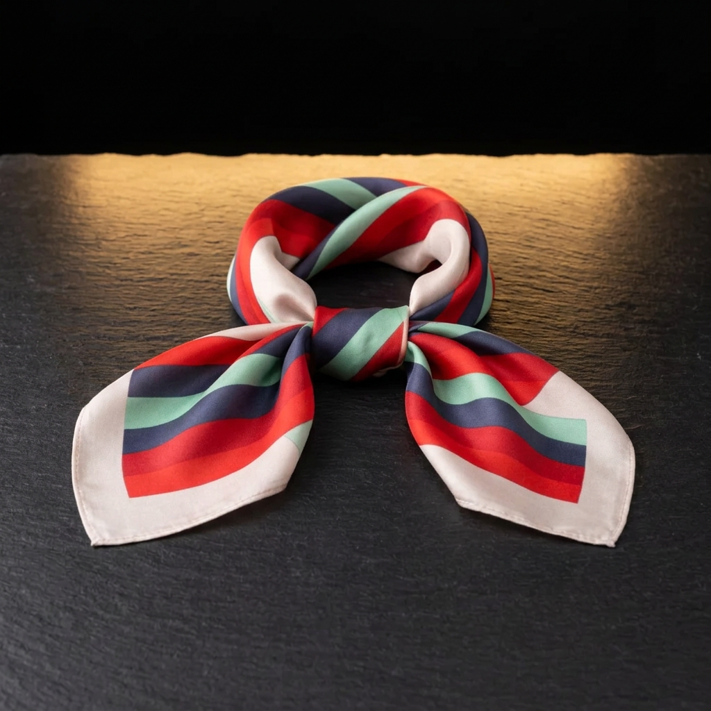 Designer square silk scarf in blue, red and green, 53 x 53 cm mulberry silk, by Livloko London