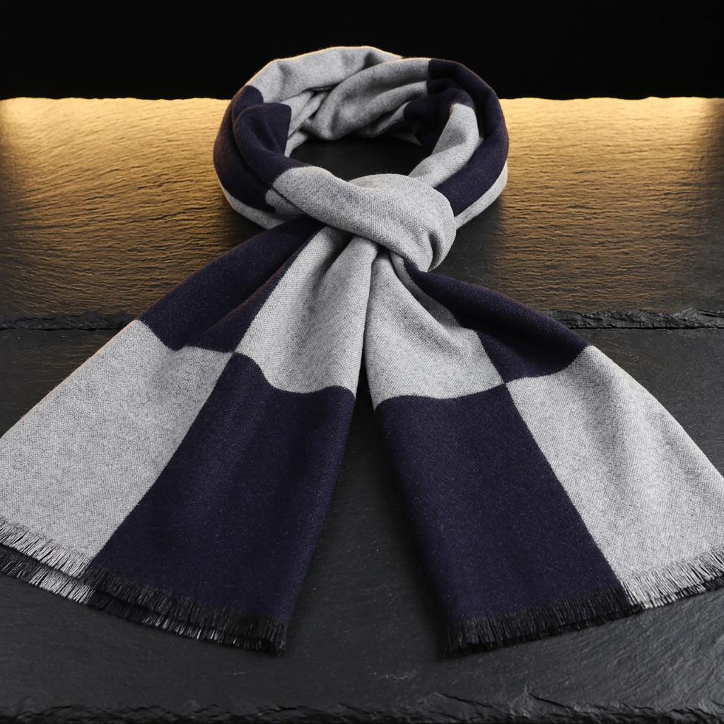 Men's navy and grey check wool scarf, 180 x 30 cm, laid flat by Livloko London