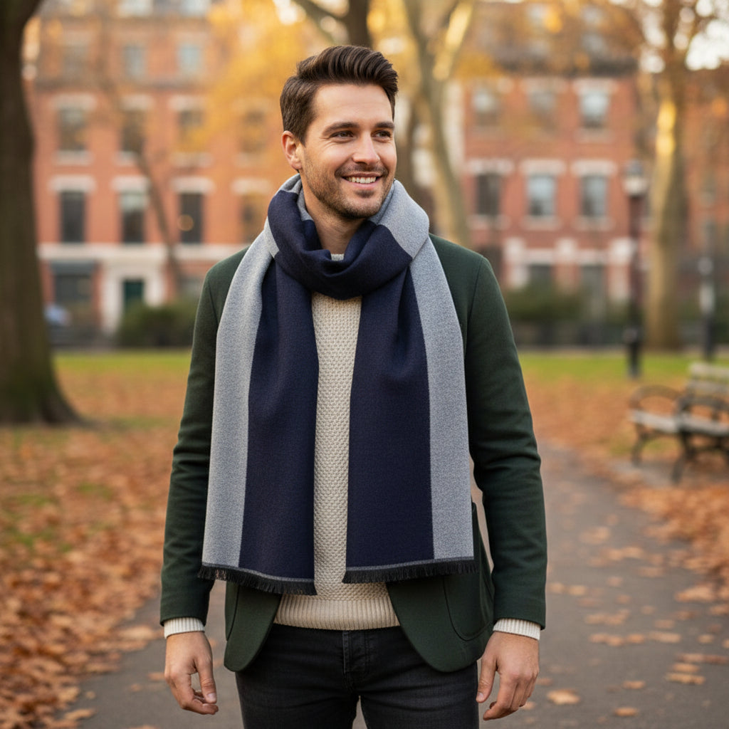 Men's Checked Wool Scarf Navy Grey