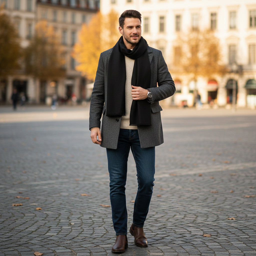 Men's Deep Black Wool Scarf