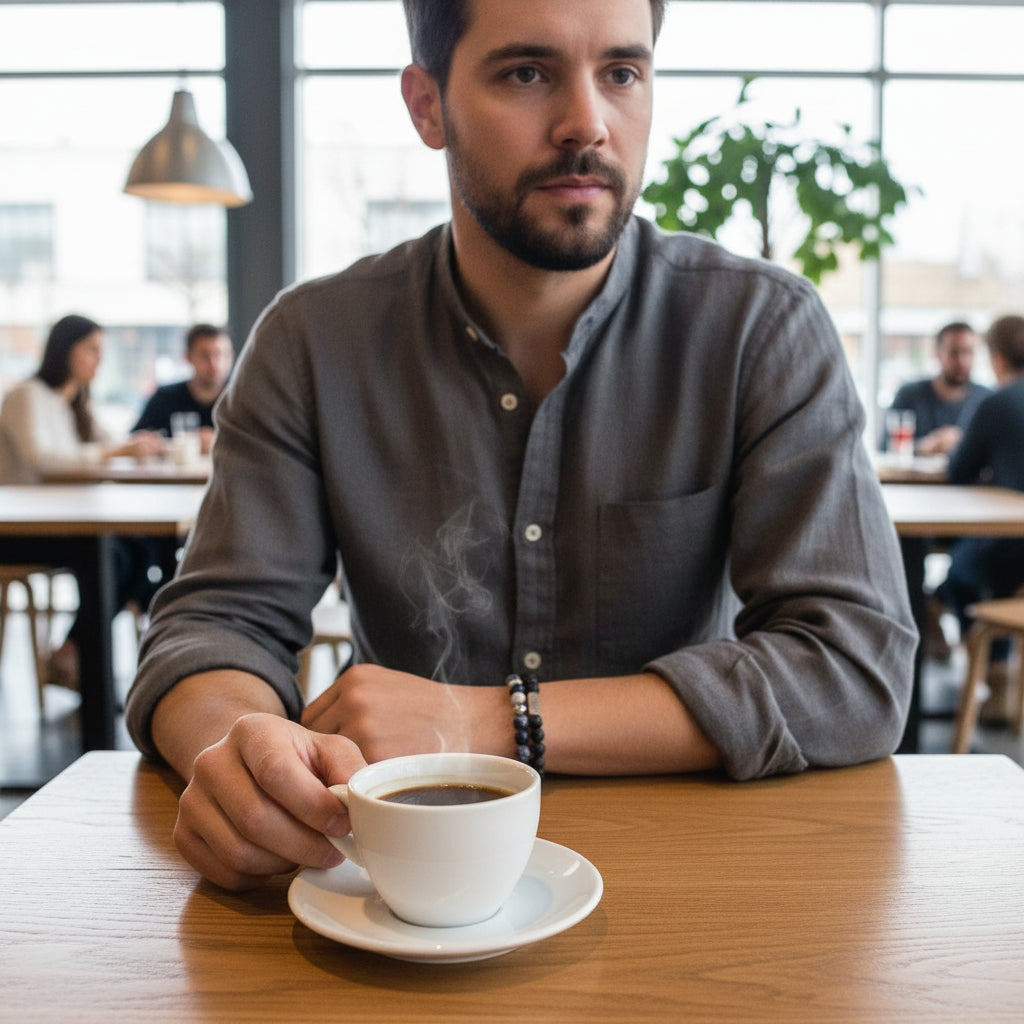 man wearing lava stone and sodalite bracelet stack