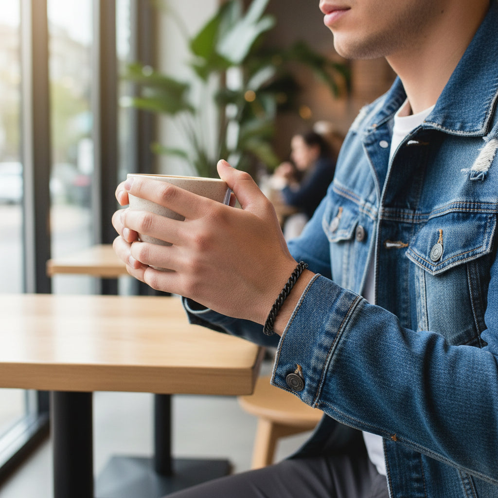 Men’s black Cuban chain bracelet styled with casual outfit