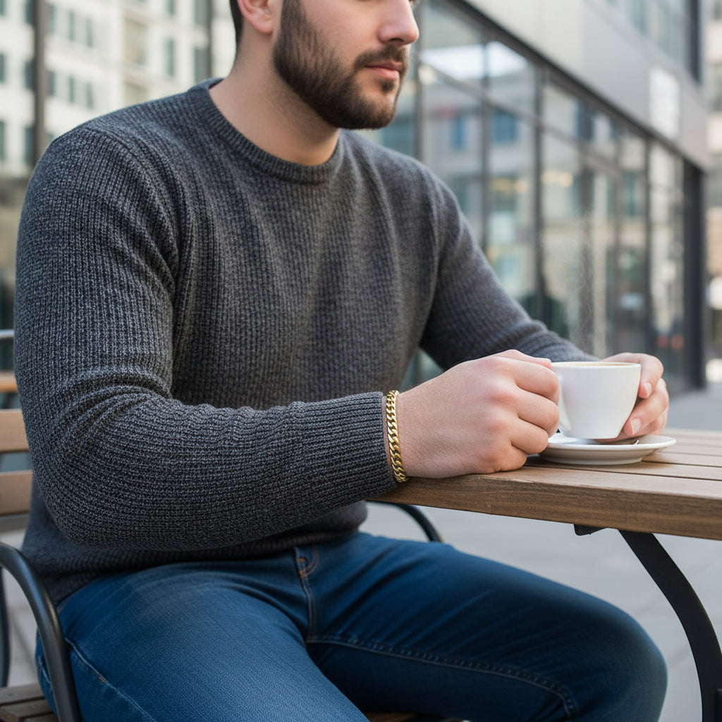 Men’s gold stainless steel chain bracelet styled with smart casual outfit