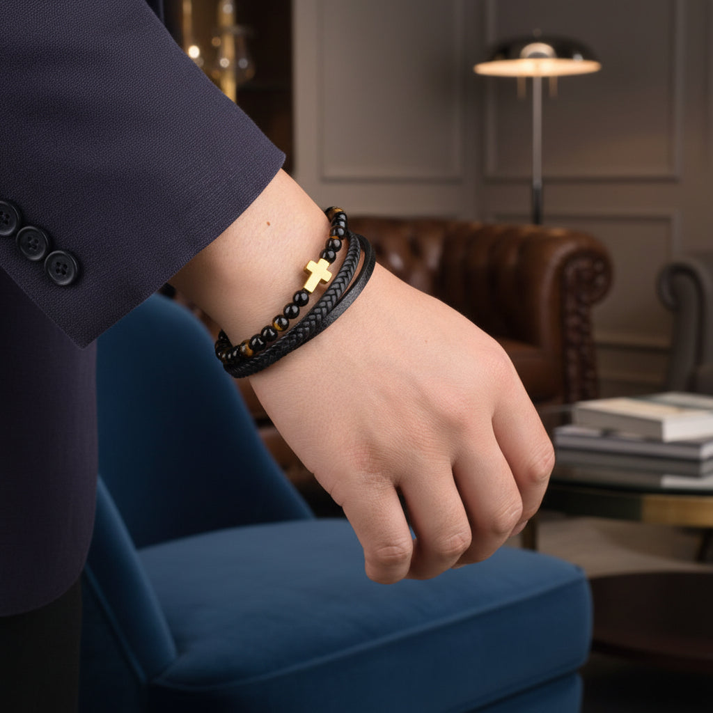 Black Leather Bracelet with Gold Cross & Tiger Eye Beads