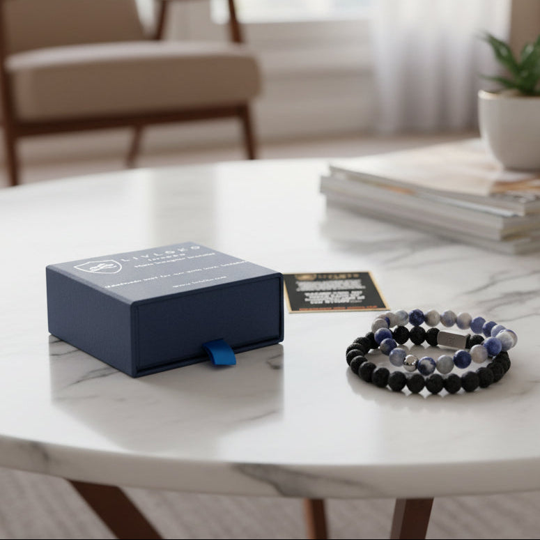 lava stone and sodalite bracelet gift packaging Livloko London
