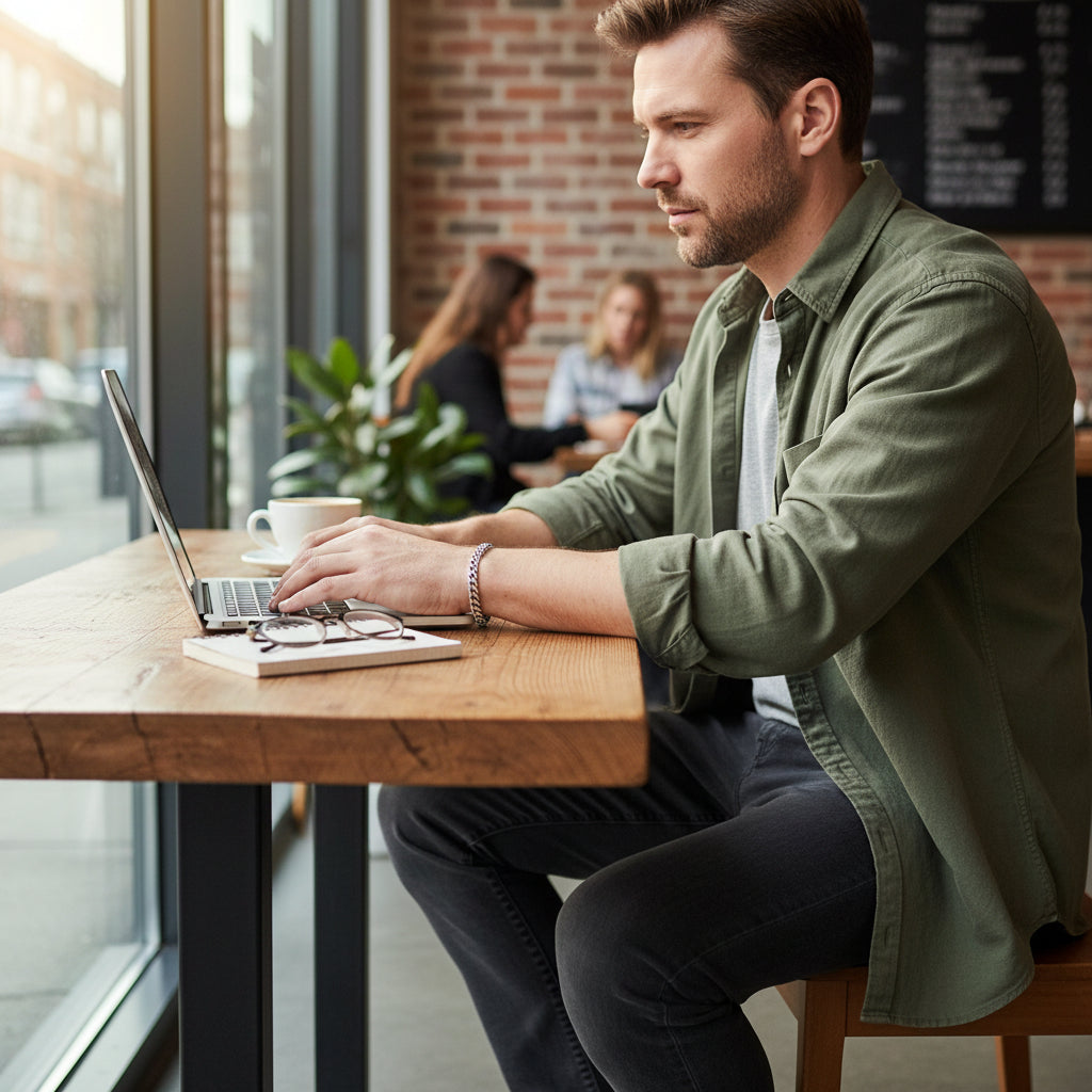 Men’s silver chain bracelet styled with modern smart casual outfit