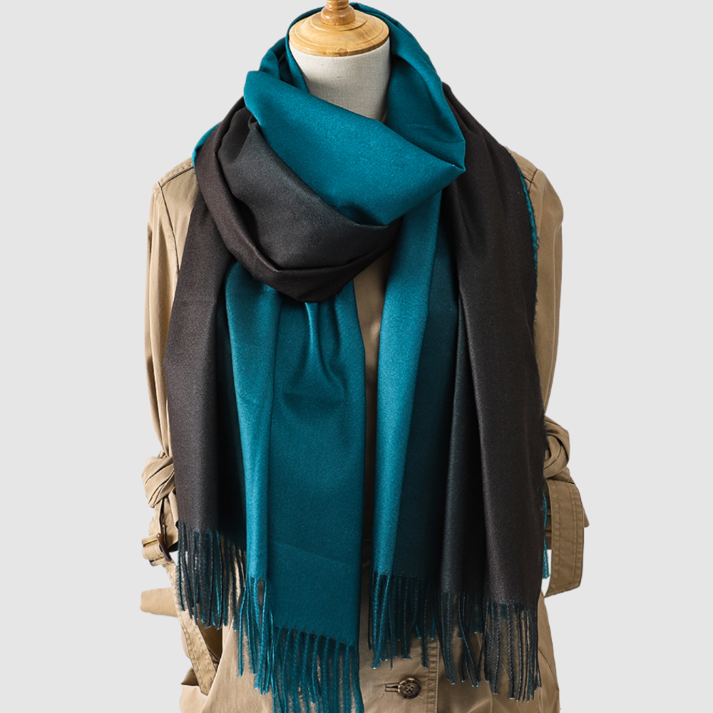 Blue and Black Pashmina Shawl, draped on a dress form