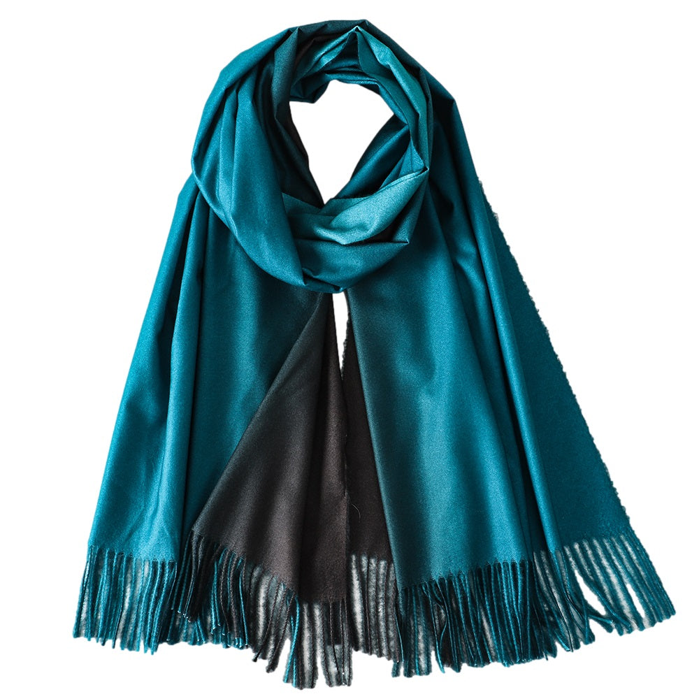 Blue and Black Pashmina Shawl, draped to show the design