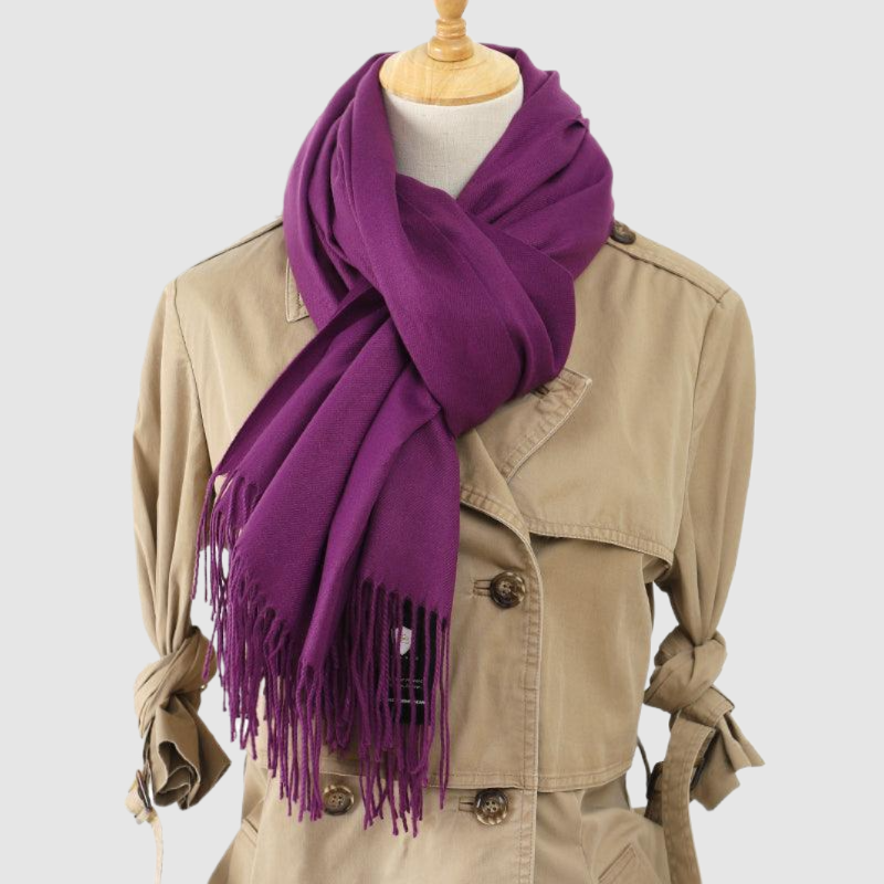 Regal Plum Pashmina Scarf, draped on a dress form