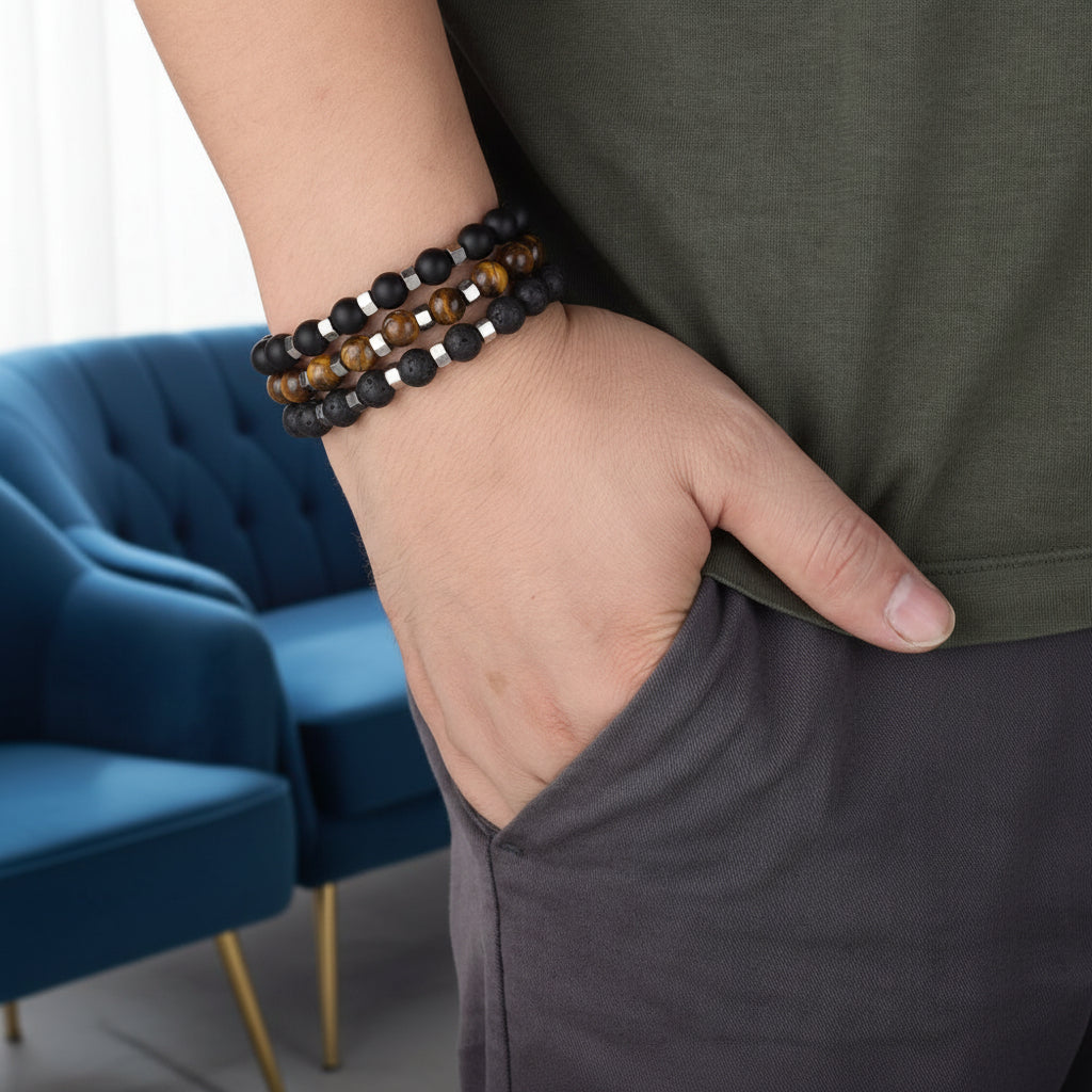 Tiger Eye Lava Rock and Agate Stacked Beaded Bracelet