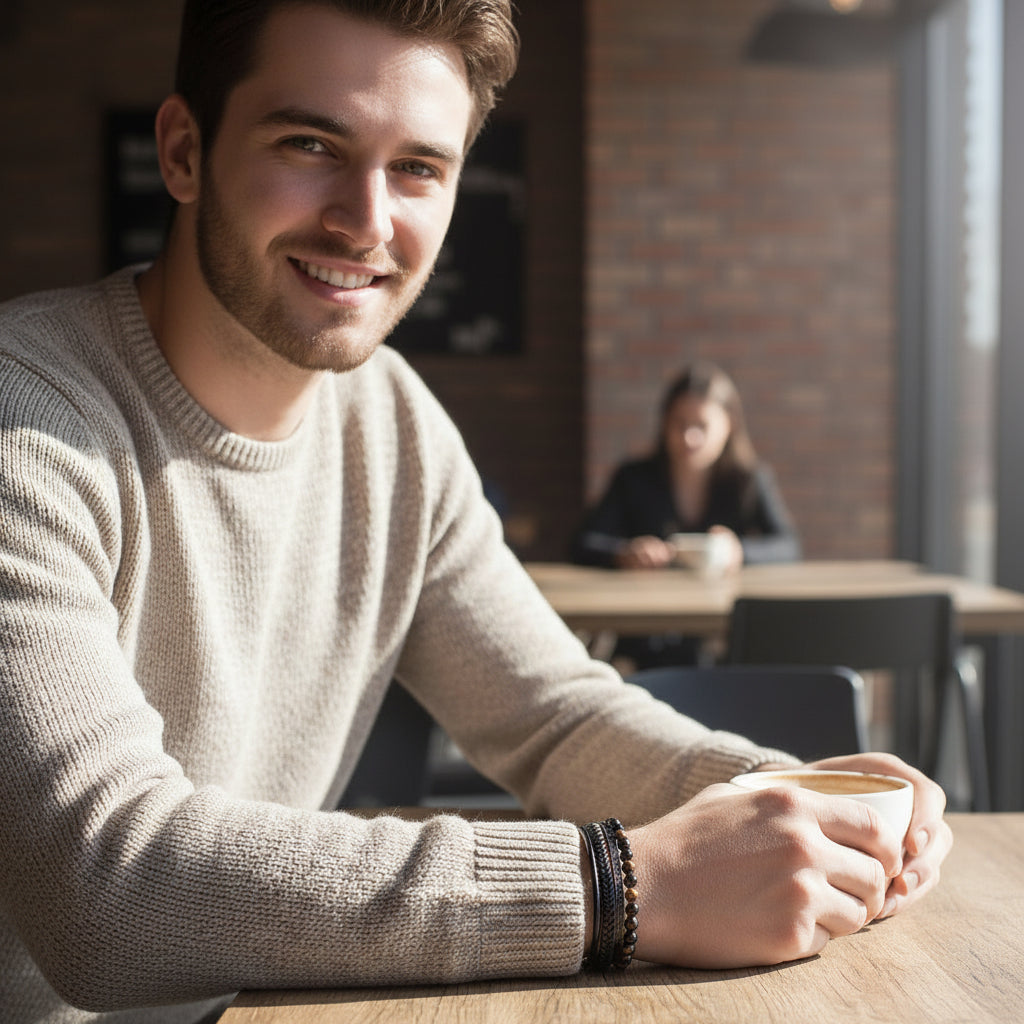 Man wearing black leather and tiger eye bracelet set in modern indoor setting