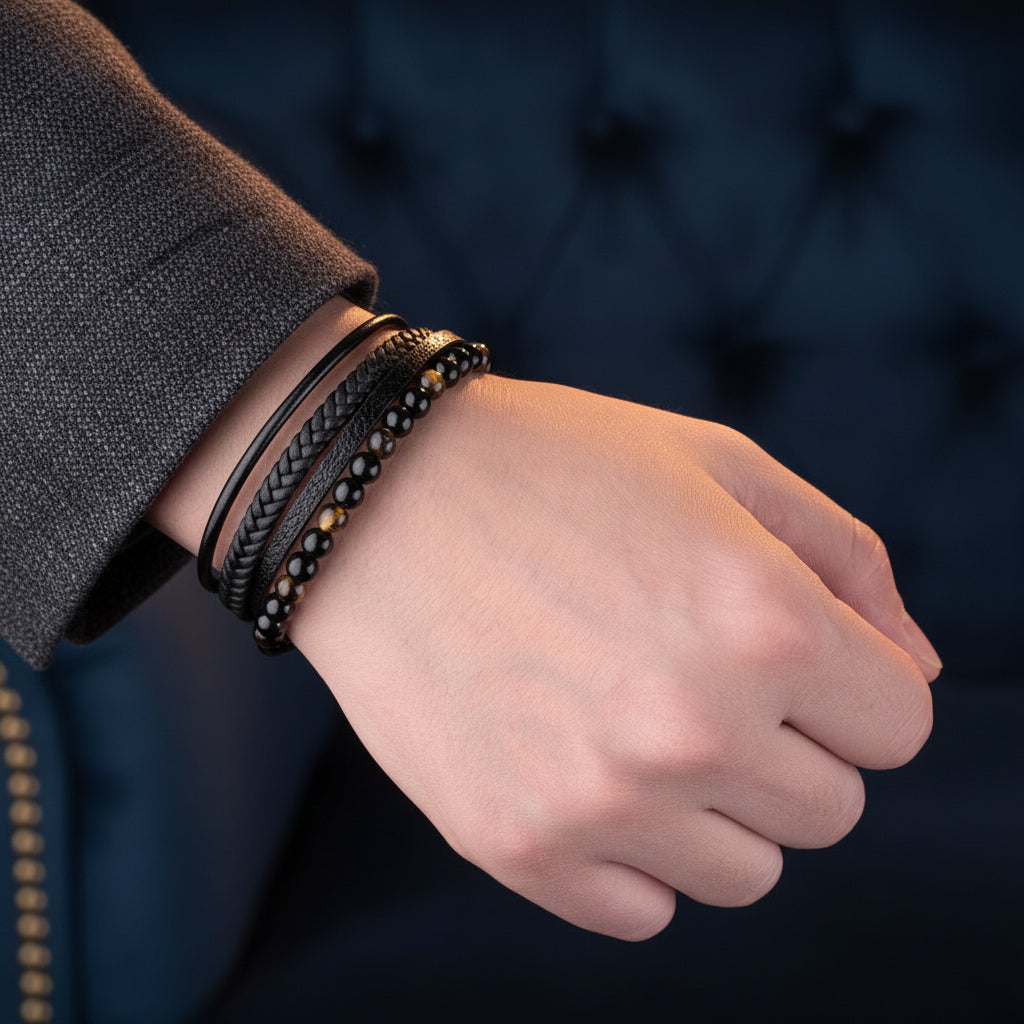 Layered black leather and tiger eye bead bracelets worn on men’s wrist