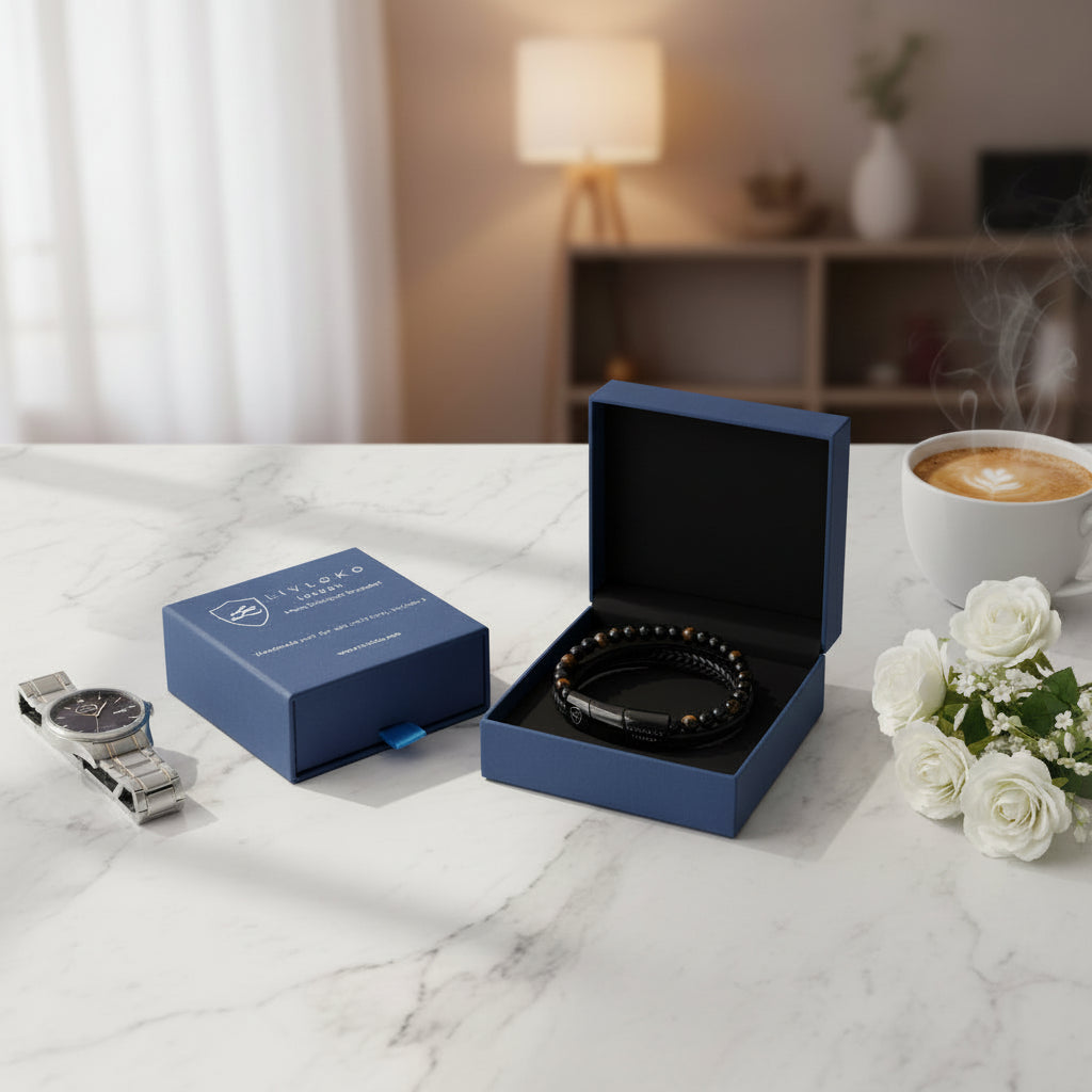 LIVLOKO branded navy gift box for men’s bracelet packaging
