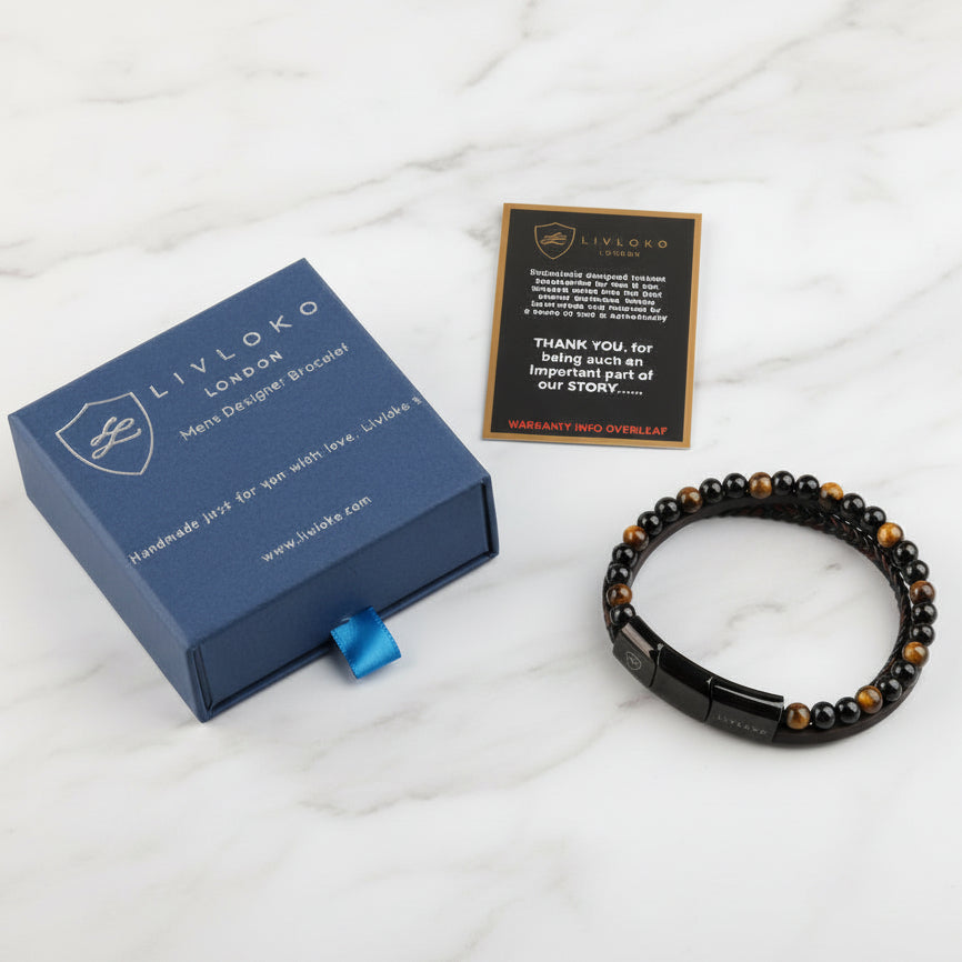 Men’s Tiger Eye & Agate Bracelet with Braided Leather, Magnetic Clasp – LIVLOKO LONDON