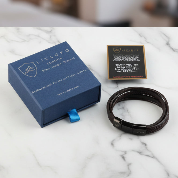 Brown leather bracelet presented in LIVLOKO gift box with branded packaging