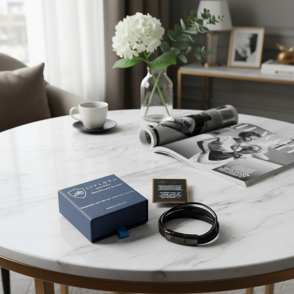 black leather bracelet gift box packaging Livloko London