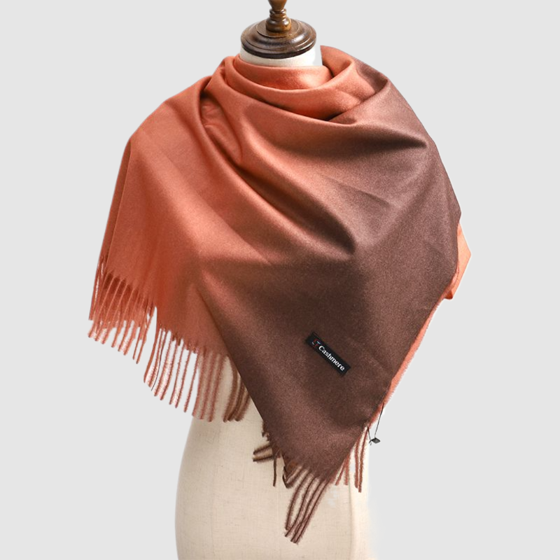 Cinnamon and Brown Pashmina Shawl, draped on a dress form