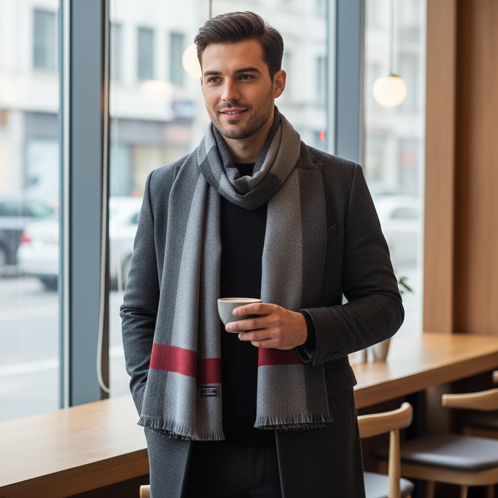 Men's Striped Wool Scarf Grey Red