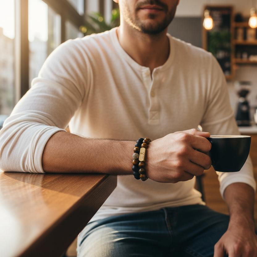 Men’s Tiger Eye & Black Agate Beaded Bracelet Set, 18ct Gold Plated – LIVLOKO LONDON