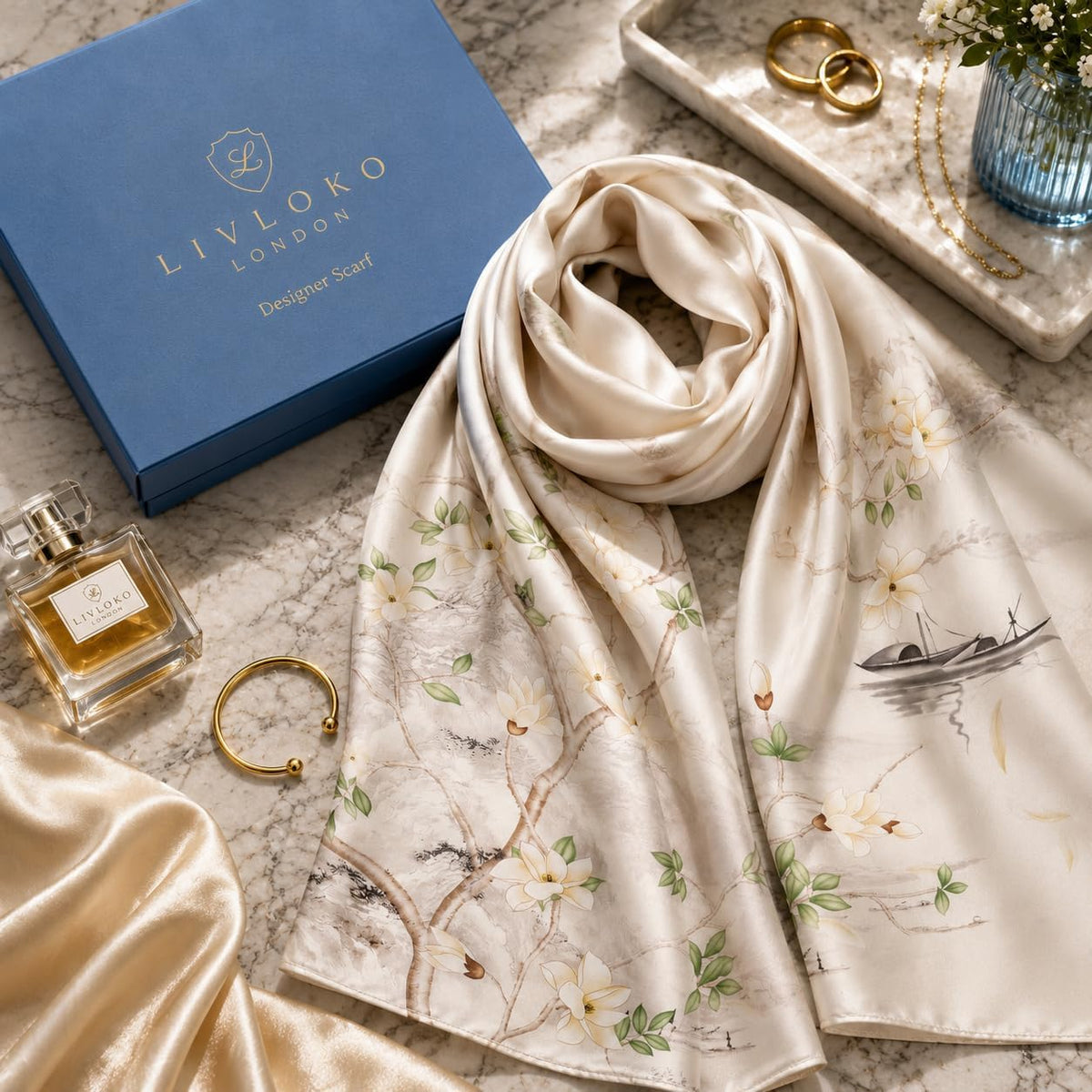 Spring Branches silk scarf details, LIVLOKO LONDON