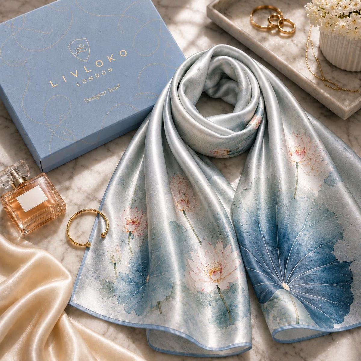 Blue Lotus silk scarf details, LIVLOKO LONDON