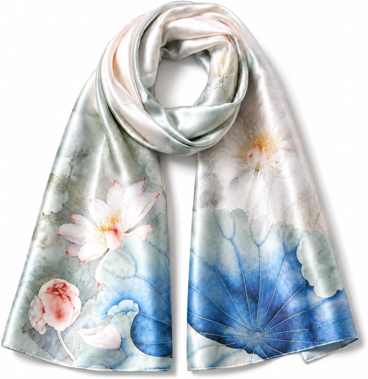Blue Lotus blue floral mulberry silk scarf 55 x 175 cm, LIVLOKO LONDON