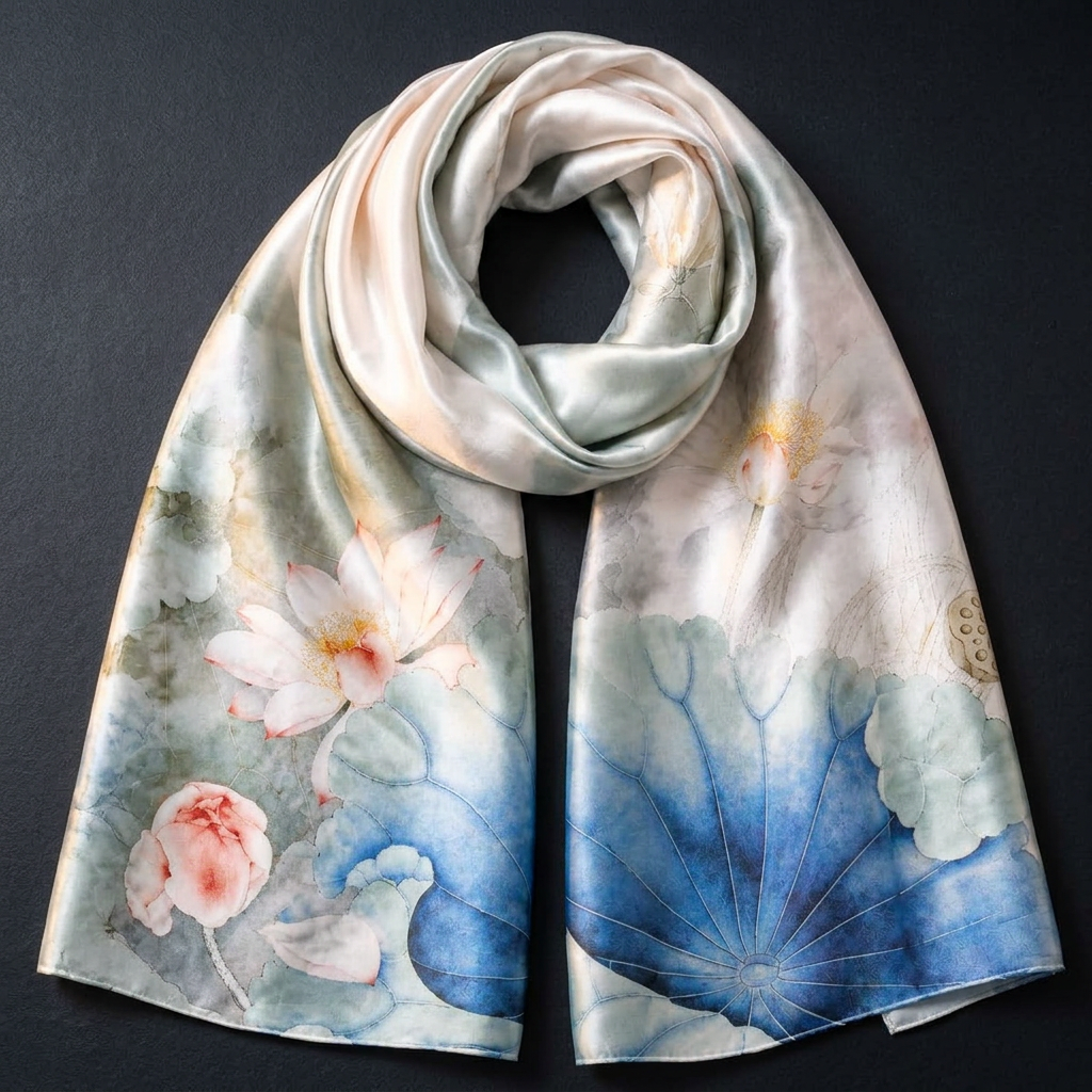 Blue Lotus blue floral mulberry silk scarf 55 x 175 cm on dark slate, LIVLOKO LONDON