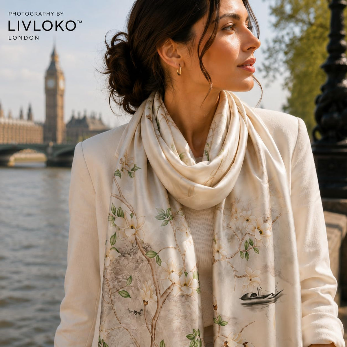 Close-up of Spring Branches 12 momme mulberry silk scarf print