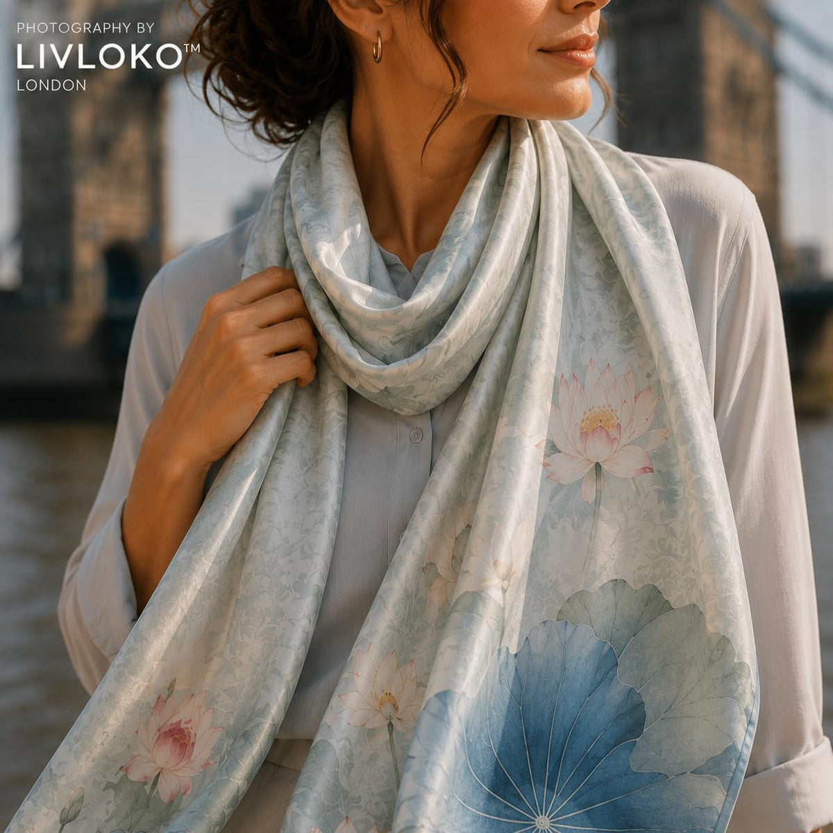 Close-up of Blue Lotus 12 momme mulberry silk scarf print