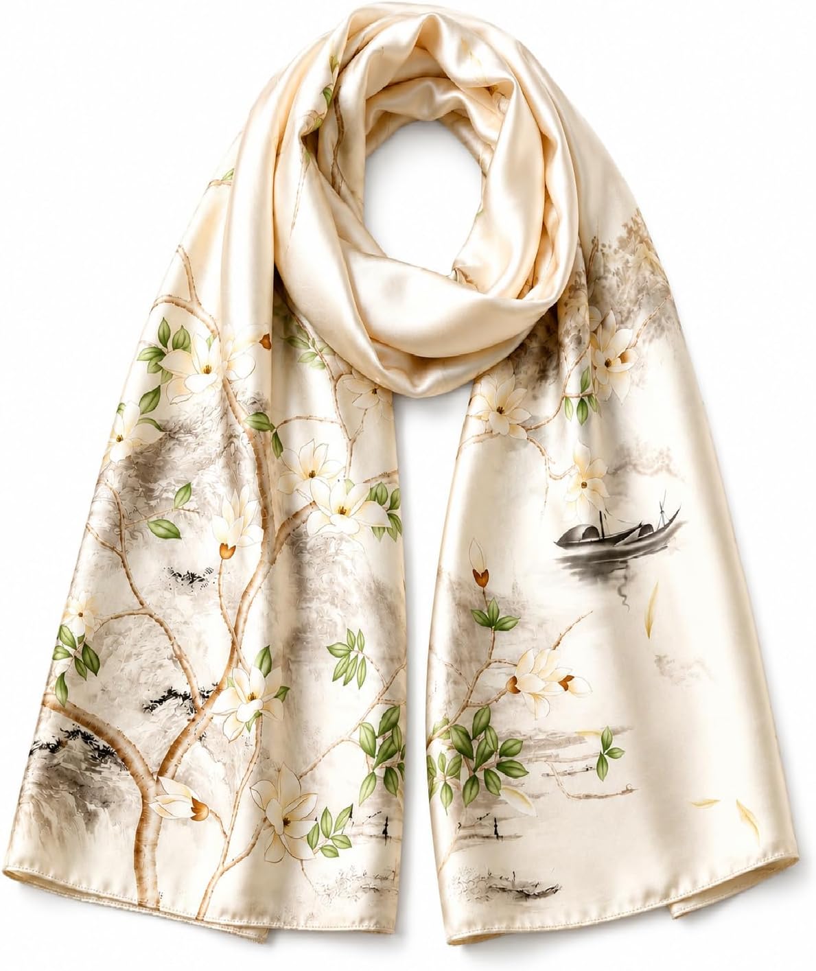 Spring Branches floral mulberry silk scarf 55 x 175 cm, LIVLOKO LONDON