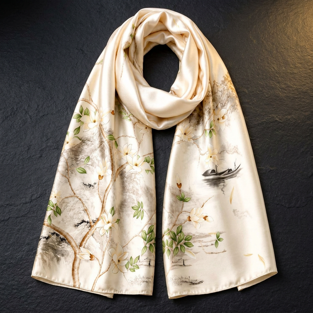 Spring Branches floral mulberry silk scarf 55 x 175 cm on dark slate, LIVLOKO LONDON
