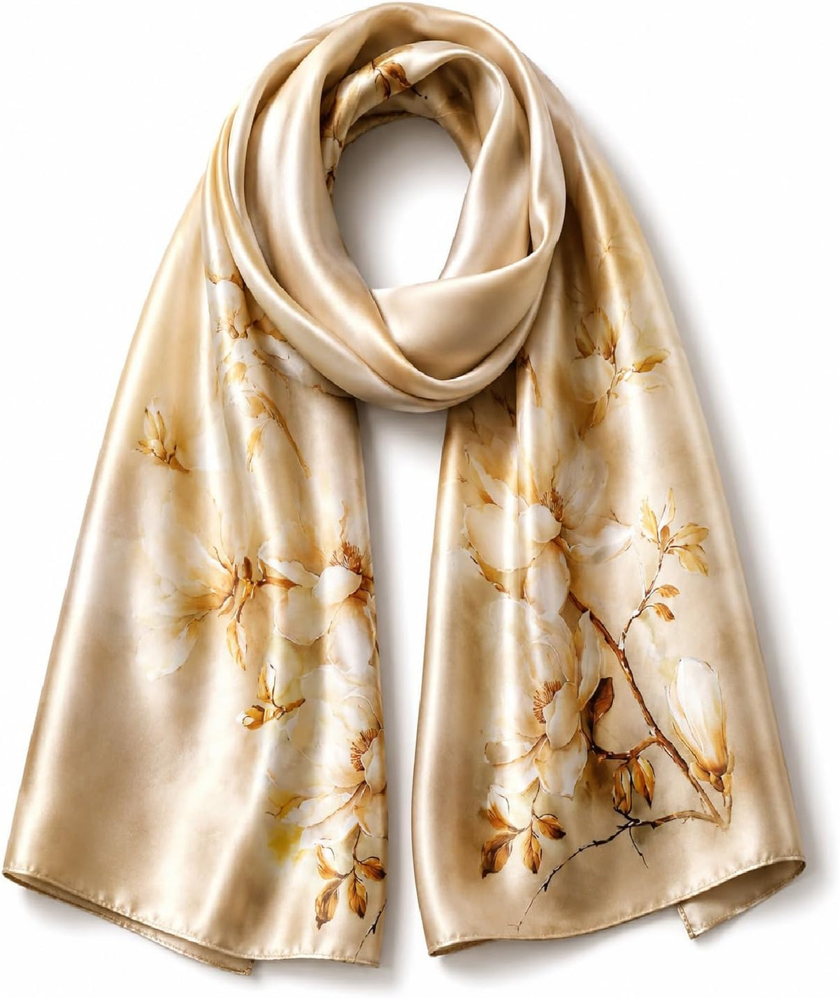 Champagne Blossom cream and gold floral mulberry silk scarf 55 x 175 cm, LIVLOKO LONDON